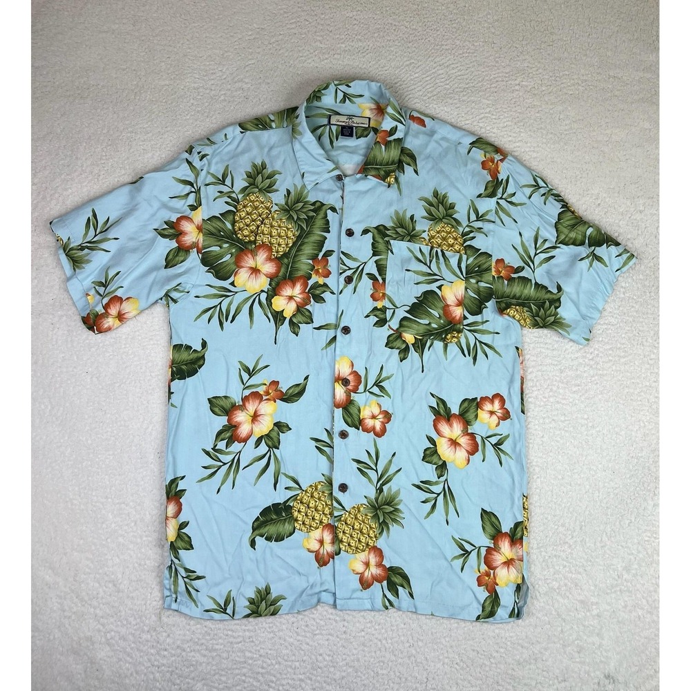 Tommy Bahama Shirt Mens XL Blue Pineapple Silk Short Sleeve Hawaiian Button Up
